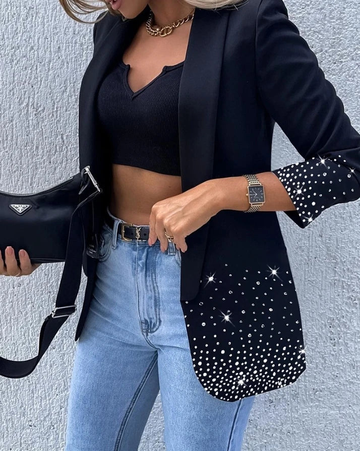 Blazer Élégant à Strass et Col Châle
