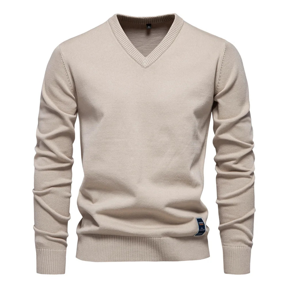 Chandail pour hommes col en V couleur unie manches longues