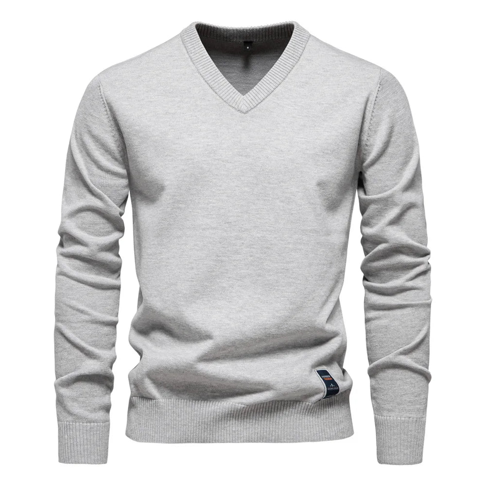 Chandail pour hommes col en V couleur unie manches longues