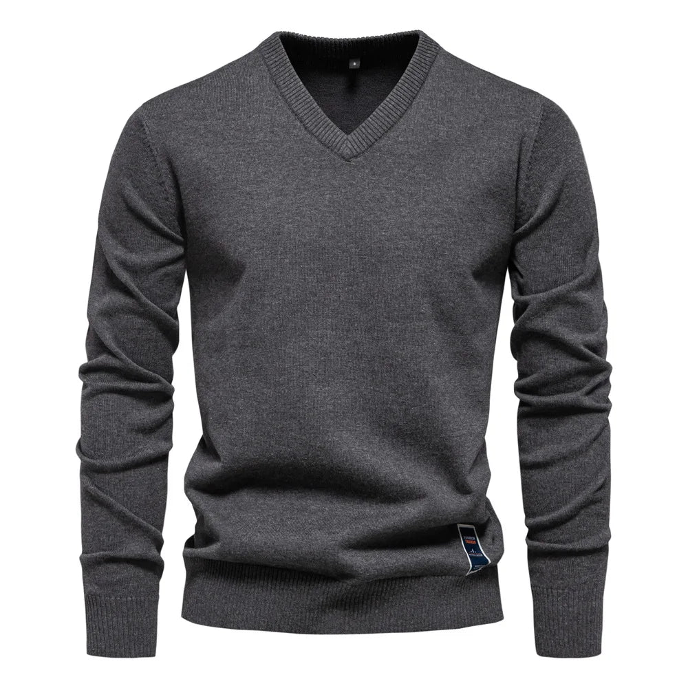 Chandail pour hommes col en V couleur unie manches longues