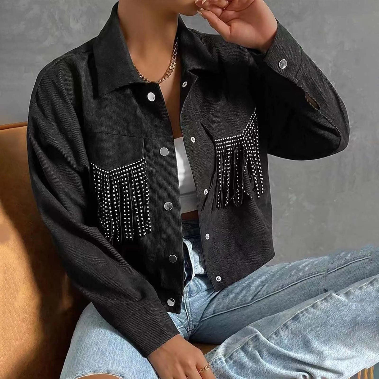 Veste Courte à Franges avec Col à Revers