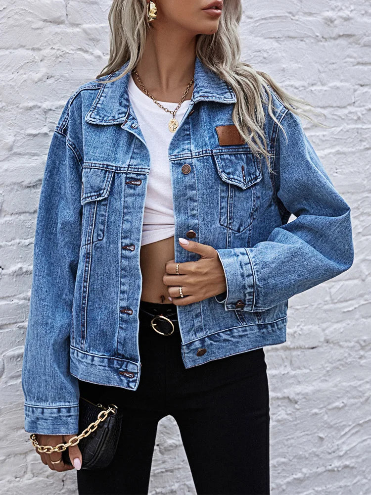 Veste en Denim à Col Rabaissé pour Femmes