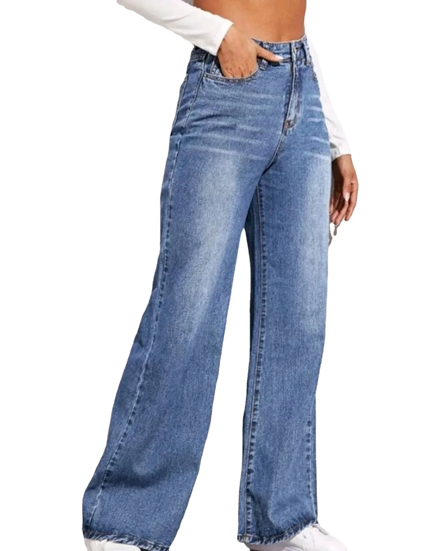 Jean bleu femmes à jambes larges taille haute