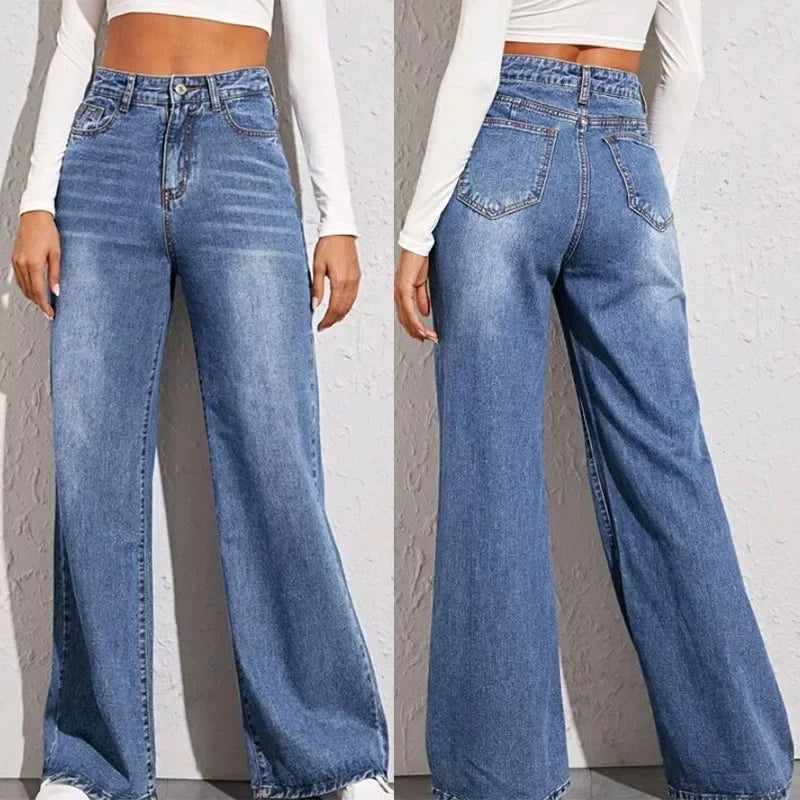 Jean bleu femmes à jambes larges taille haute