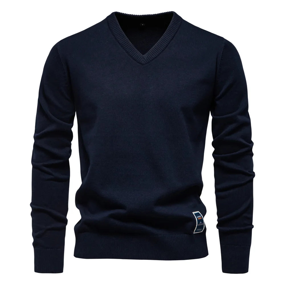 Chandail pour hommes col en V couleur unie manches longues