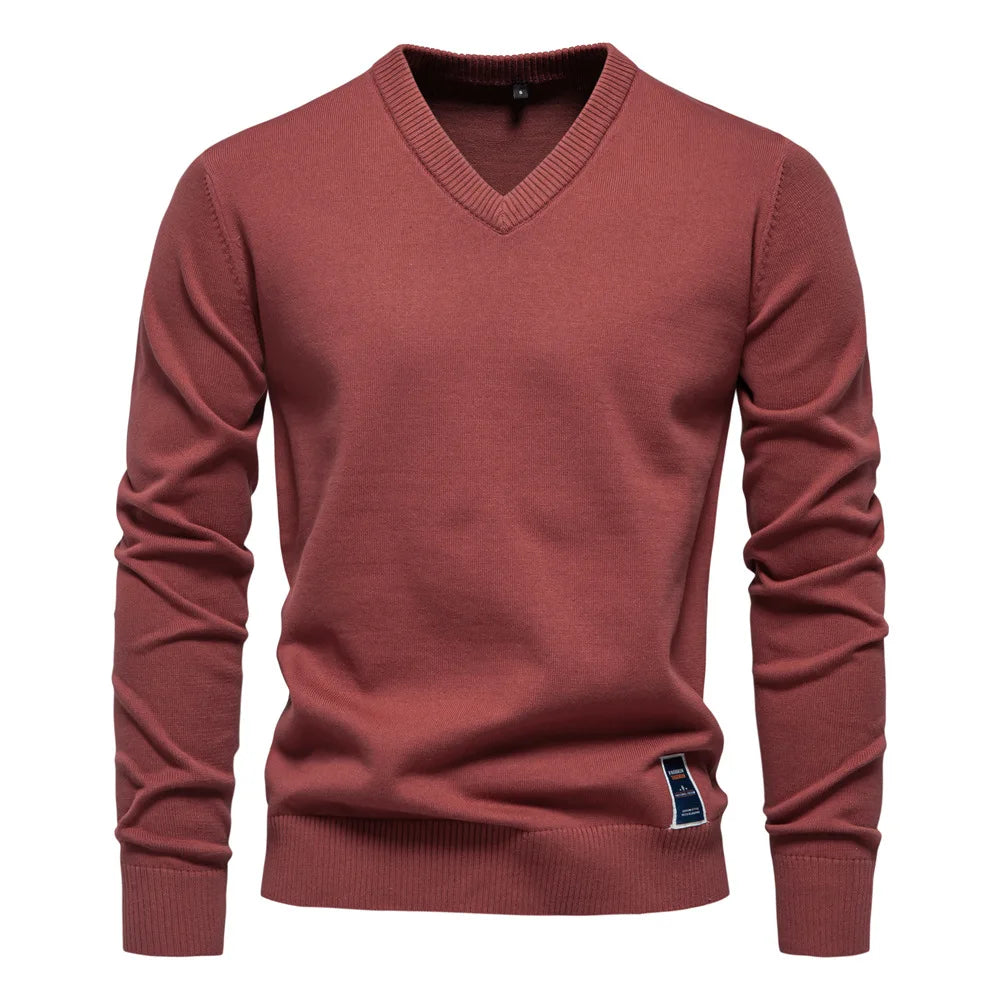 Chandail pour hommes col en V couleur unie manches longues