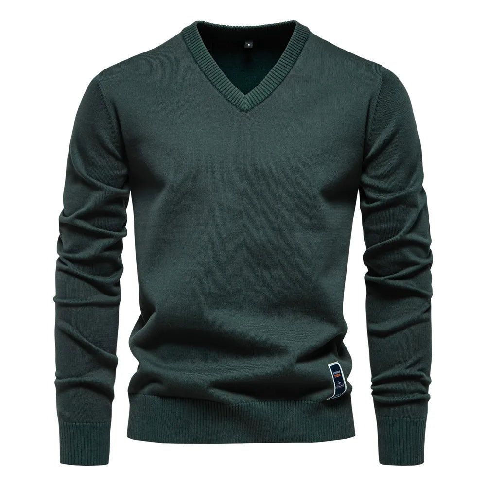 Chandail pour hommes col en V couleur unie manches longues