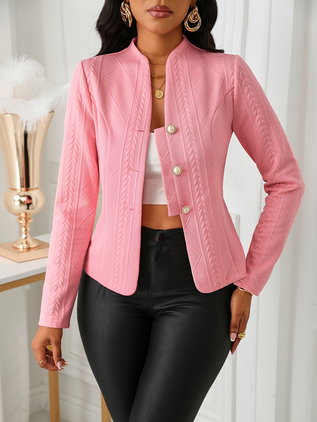 Blazer élégant en polyester texturé rose pour femmes
