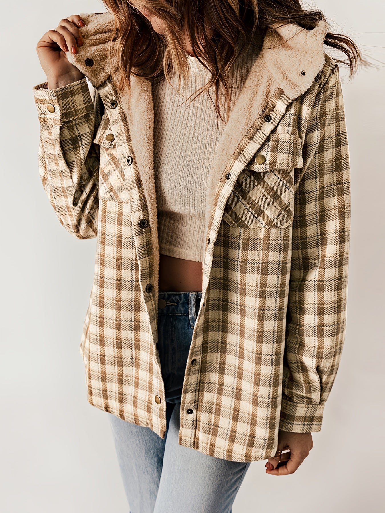 Veste à Carreaux avec Capuche et Boutons pour Femmes