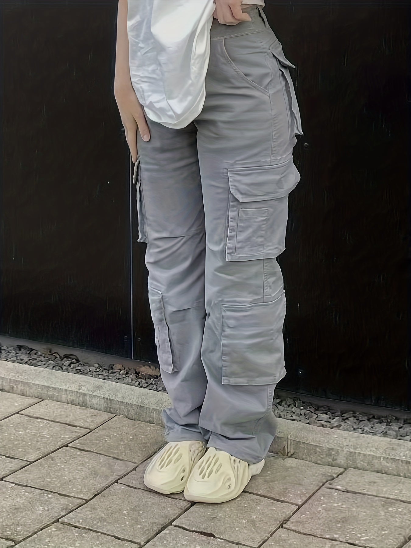 Pantalon cargaison en denim uni à taille haute