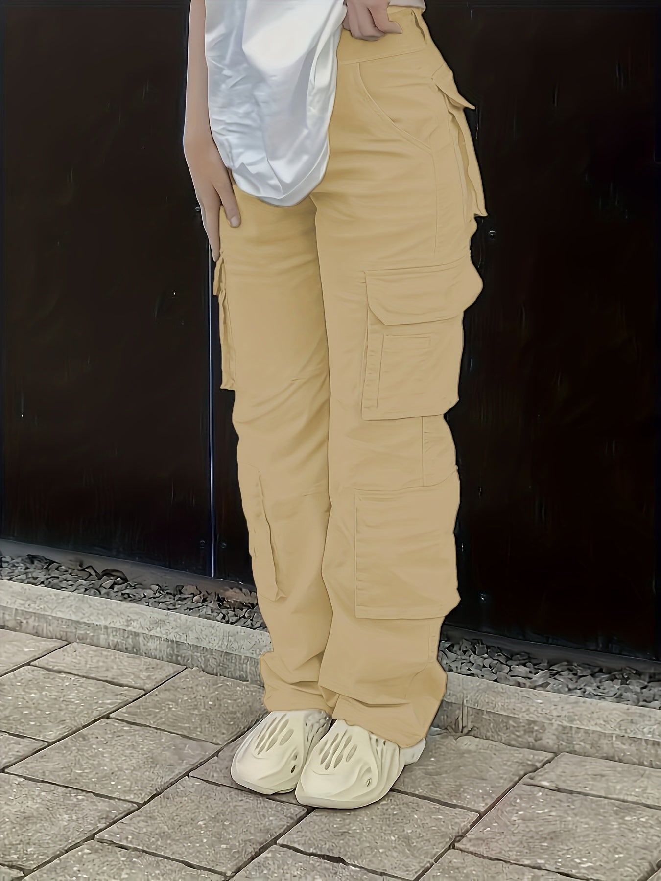 Pantalon cargaison en denim uni à taille haute