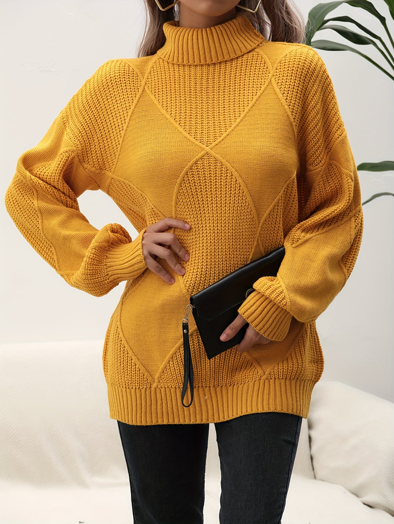 Pull à Col Roulé Uni avec Épaules Tombantes