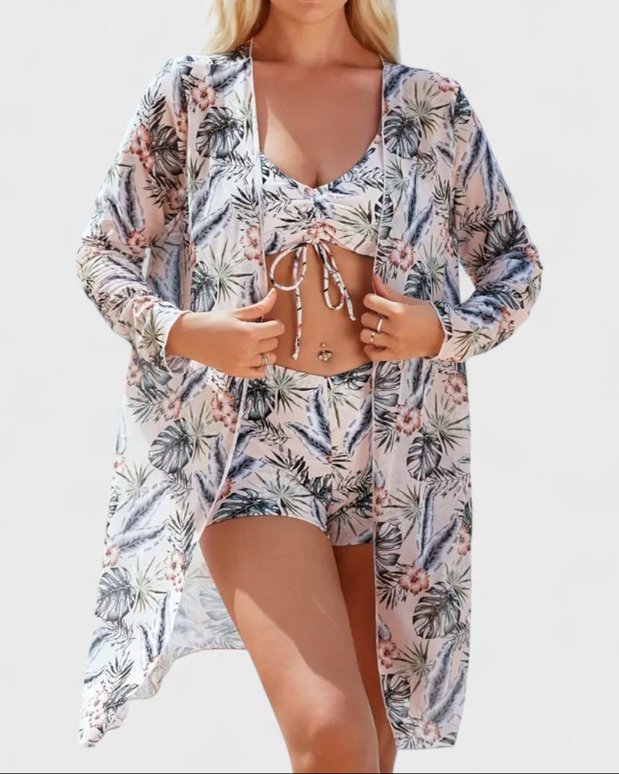Bikini 3 pièces avec housse à motif tropical
