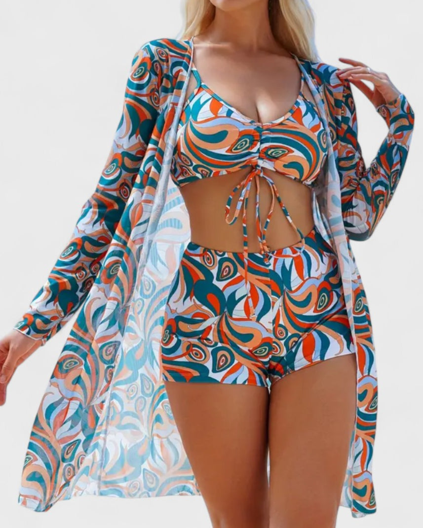 Bikini 3 pièces avec housse à motif tropical