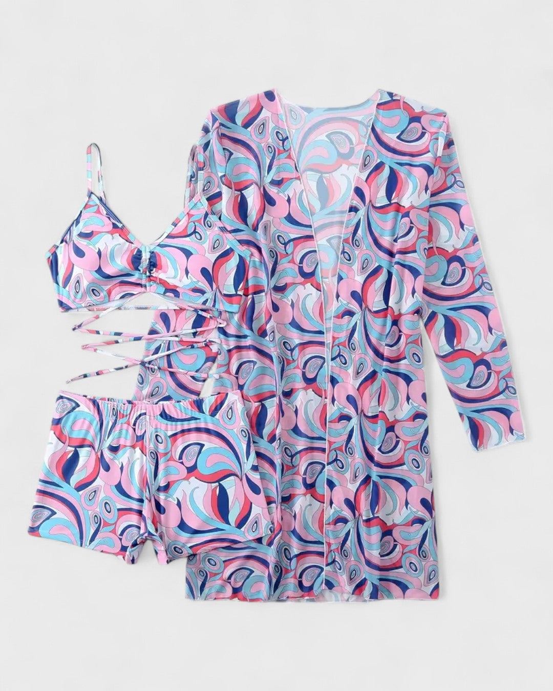 Bikini 3 pièces avec housse à motif tropical