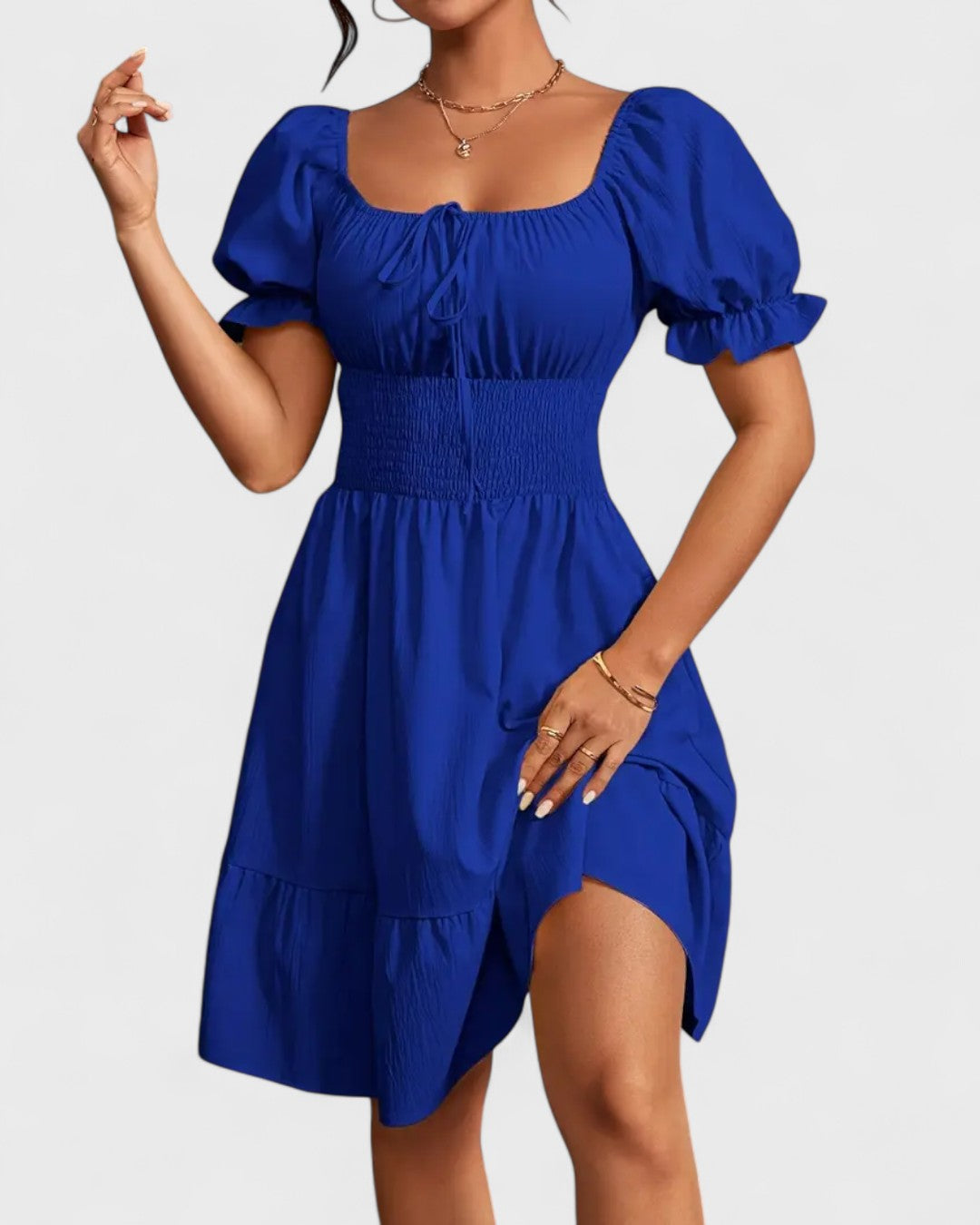 Robe d'été unie à manches bouffantes et ourlet volanté
