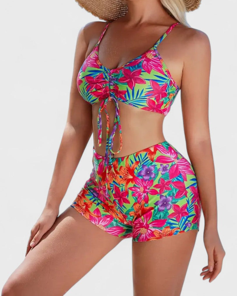 Bikini 3 pièces avec housse à motif tropical