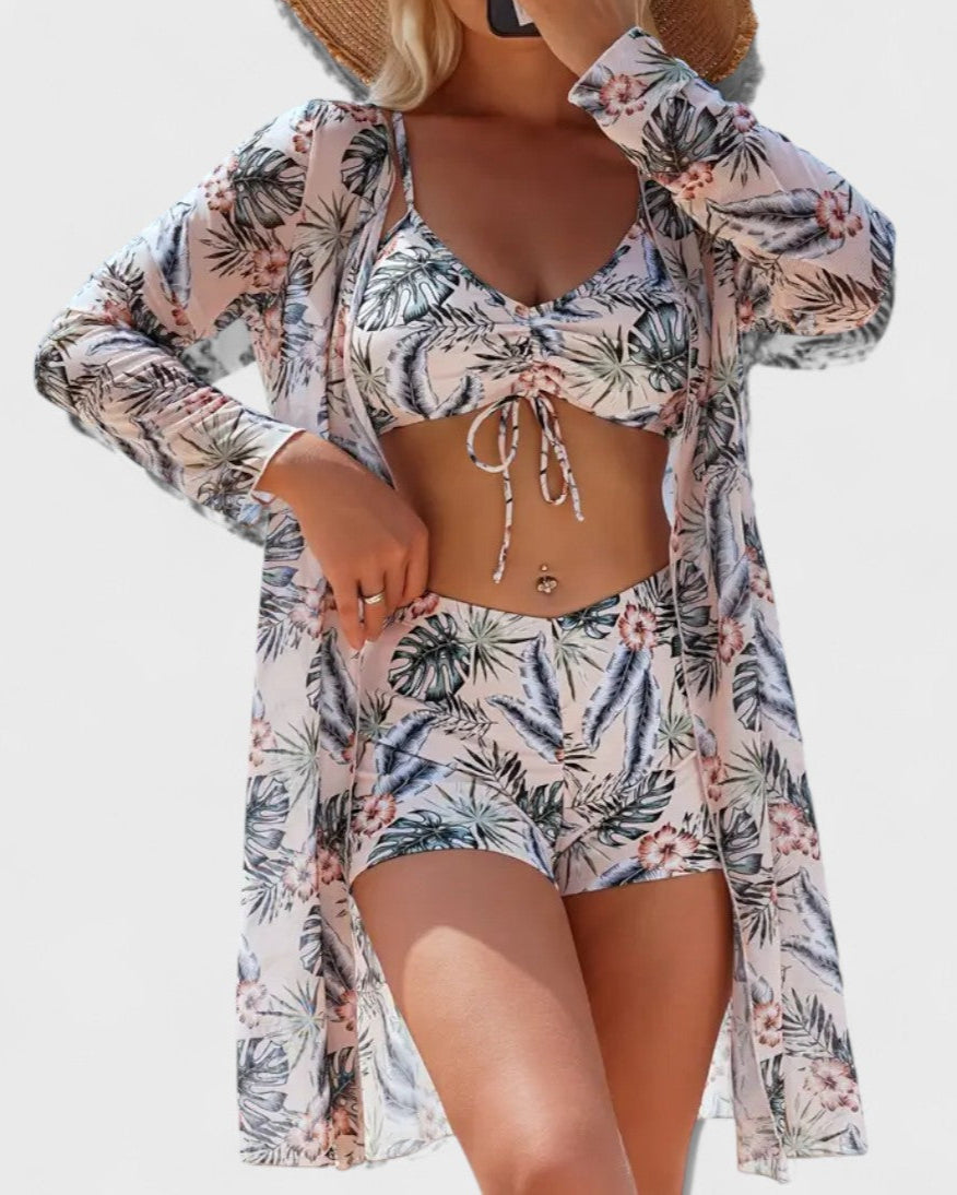 Bikini 3 pièces avec housse à motif tropical