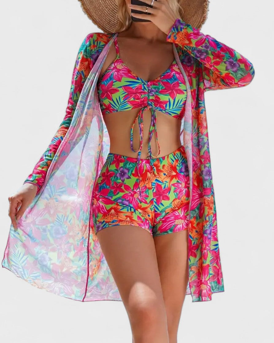 Bikini 3 pièces avec housse à motif tropical
