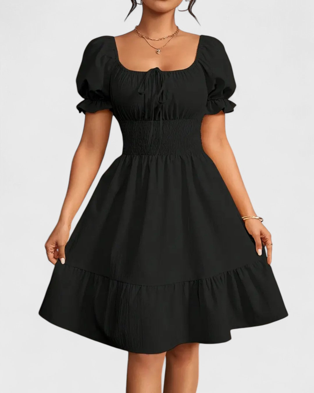 Robe d'été unie à manches bouffantes et ourlet volanté