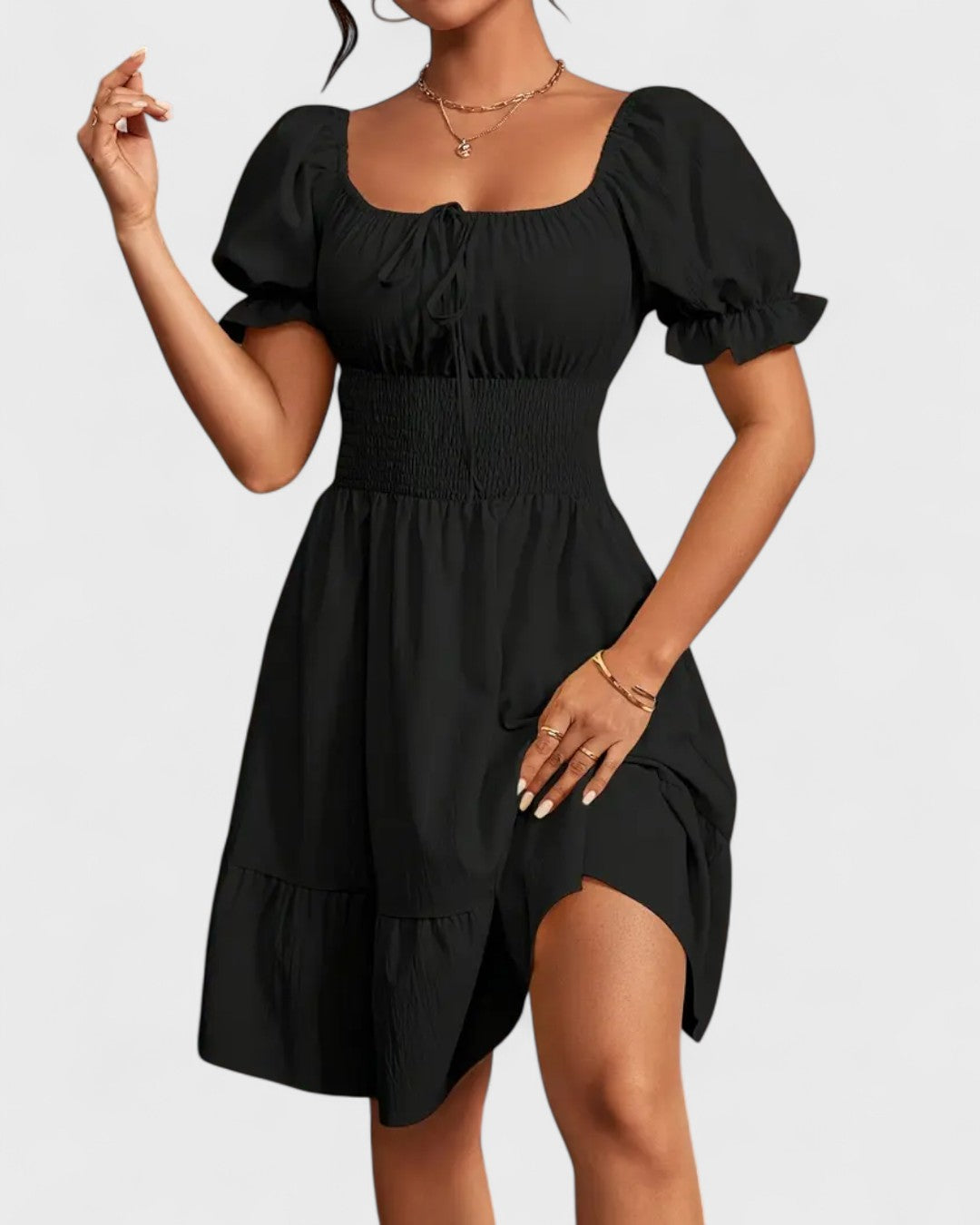 Robe d'été unie à manches bouffantes et ourlet volanté