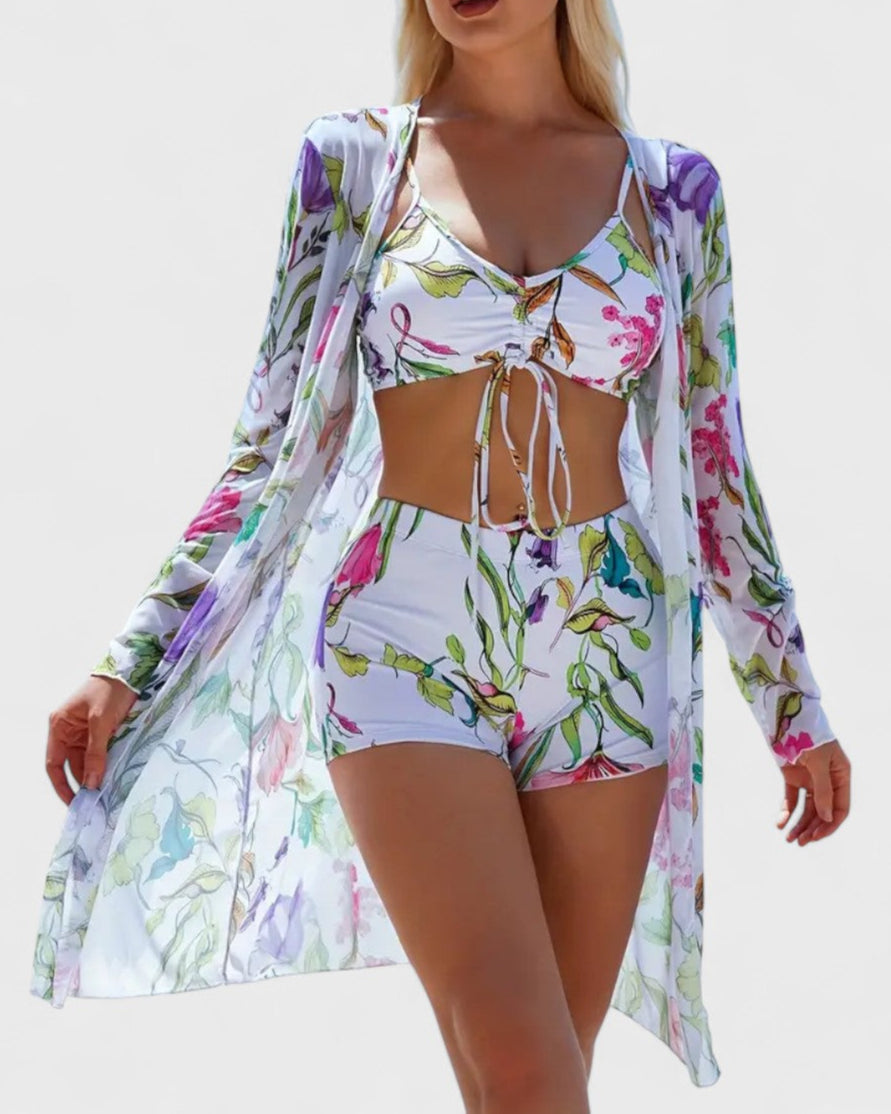 Bikini 3 pièces avec housse à motif tropical