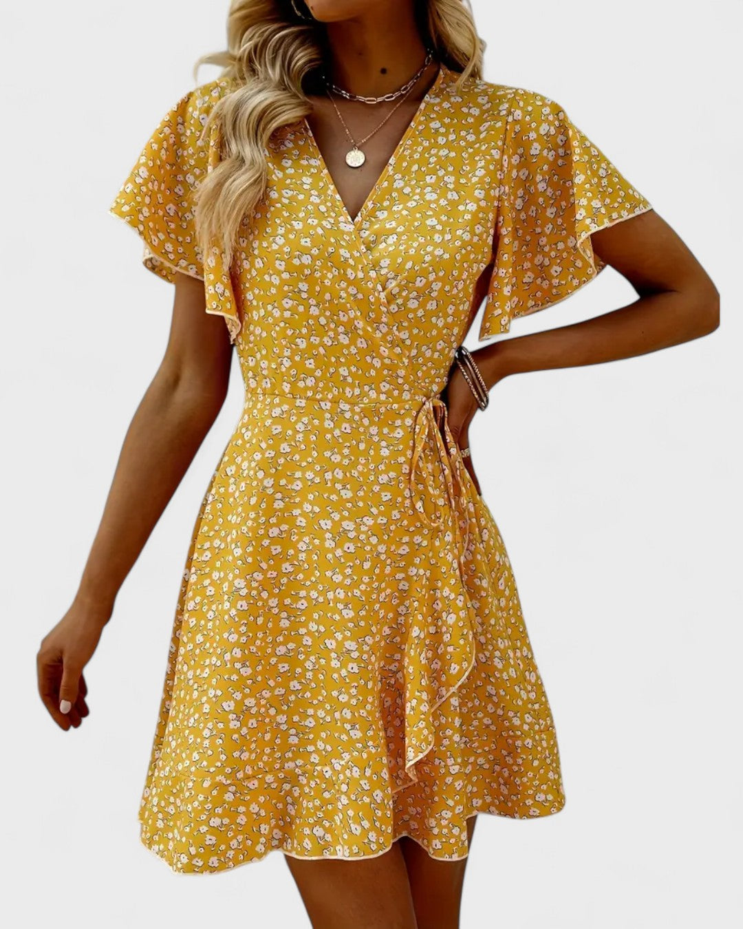 Élodie | Robe portefeuille à fleurs volantée
