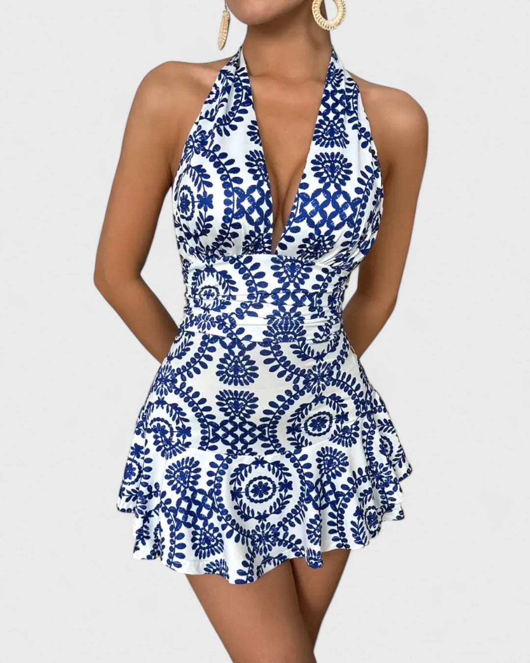 Clara | Robe dos nu imprimée bleu et blanc