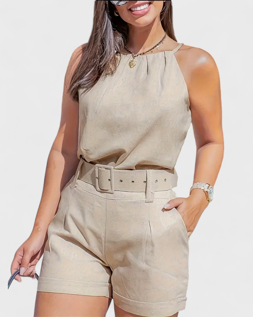Ensemble sans manches ceinturé en beige