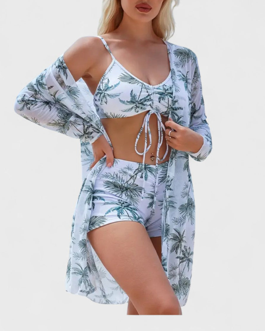 Bikini 3 pièces avec housse à motif tropical