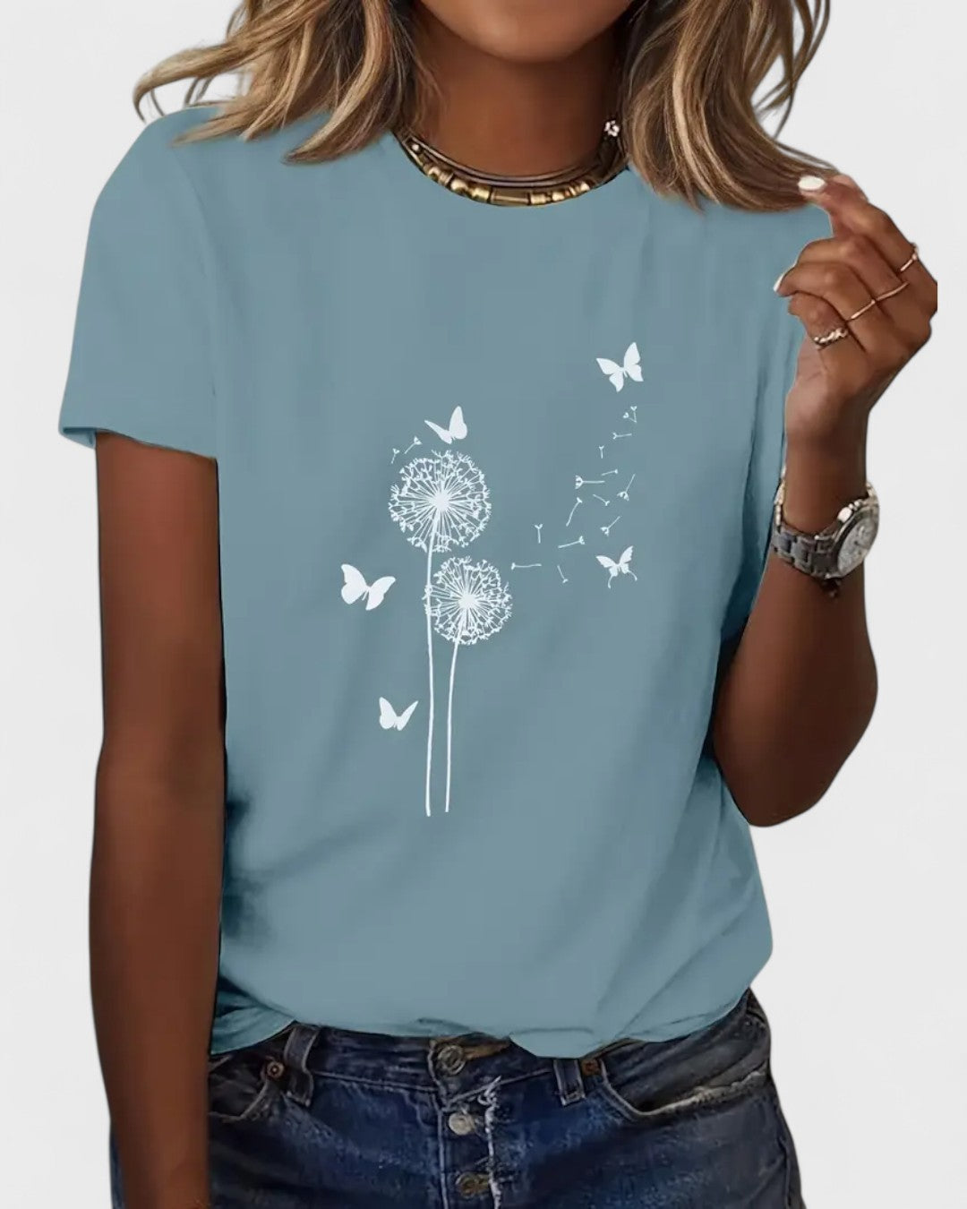 T-shirt en coton à motif pissenlit et papillon